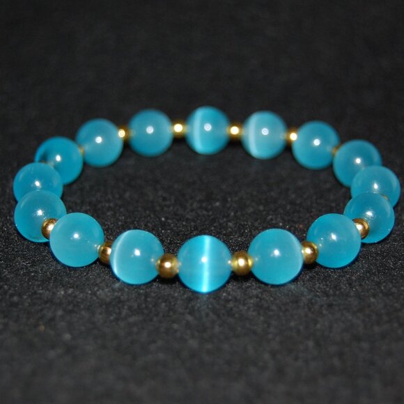 Blue Cat Eye Bracelet,Blue Bracelet,10mm Blue Cat Beaded Bracelet,Special,Lovely - Picture 4 of 4